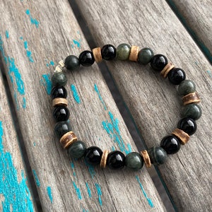 Stone Beaded Bracelet - Moss Agate, Black Obsidian, and Shell -Stretchy Layering Bracelet