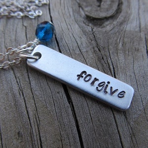 Forgive Necklace-brushed silver rectangle with "forgive" and an accent bead of choice- Personalized Gift