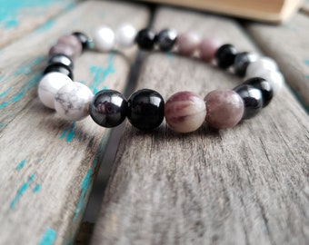 Stone Beaded Bracelet - Lilac Stone, Black Obsidian, White Howlite, and Hemalyke -Stretchy Layering Bracelet