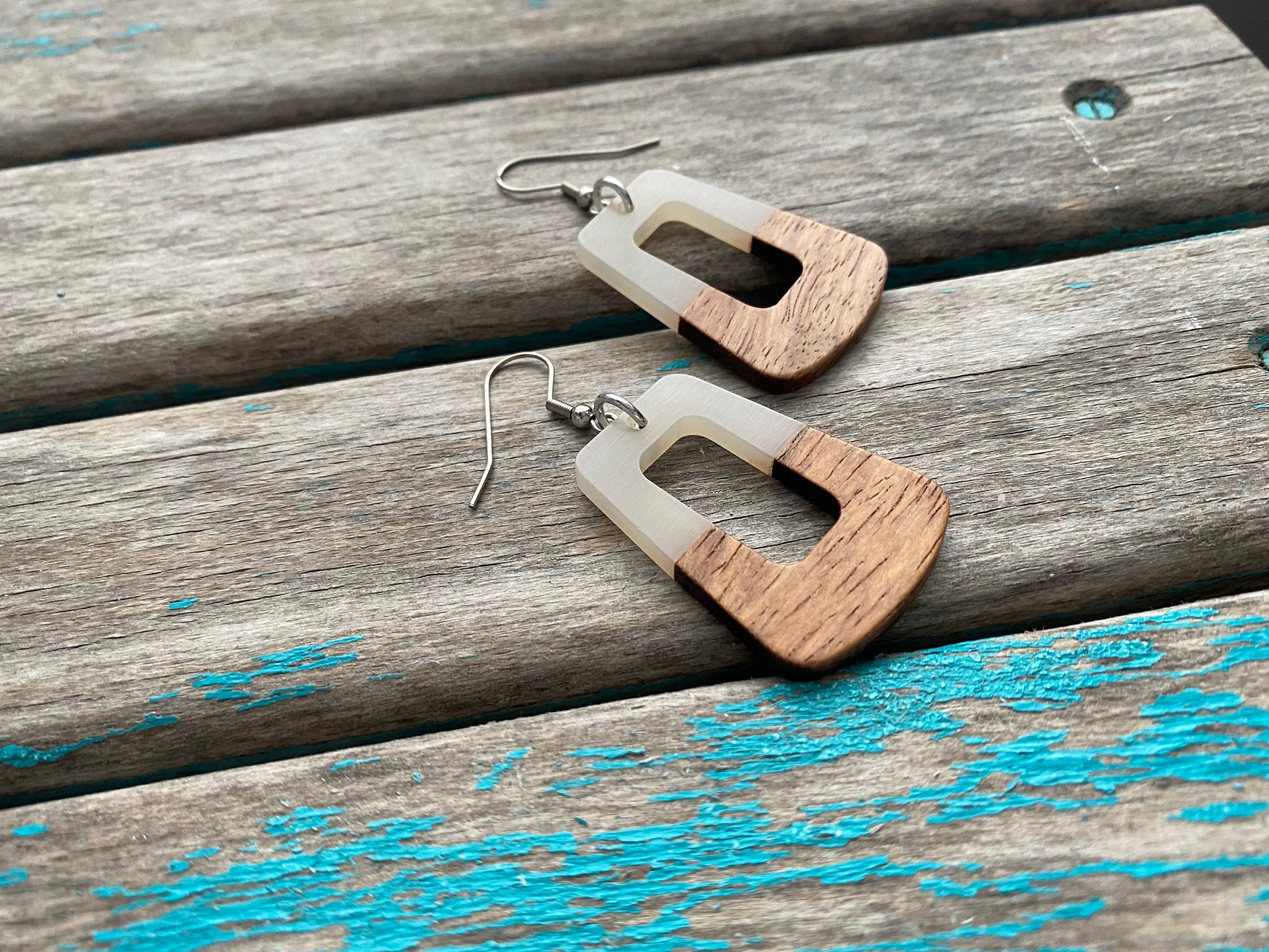 Wood and Cloudy White Acrylic Earrings-trapezoid Shape - Etsy