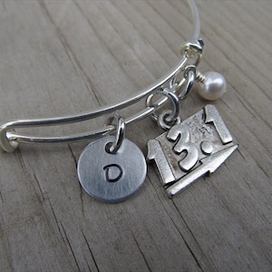 Half Marathon Bangle Bracelet- Adjustable Bangle Bracelet with Hand-Stamped Initial, 13.1 Charm, and accent bead