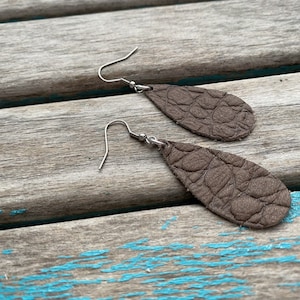 Leather Earrings- Smaller Teardrop Earrings- Textured Brown