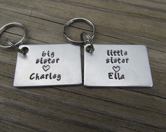 Personalized Sisters Keychains- 2 Keychain Set- "big sister", "little sister" -each with a heart and a name of your choice