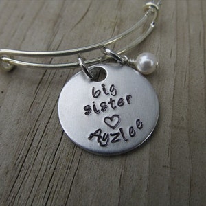 Personalized Big Sister Bracelet: Hand-Stamped Aluminum Charm, Adjustable Bangle