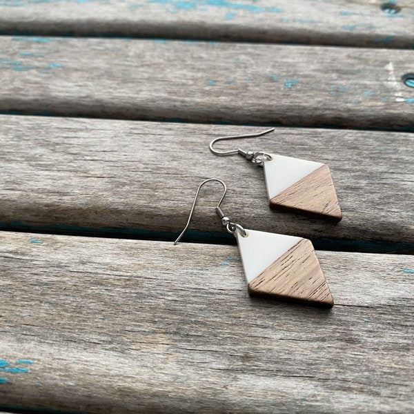 Wood and White, Diamond-Shaped Acrylic Earrings