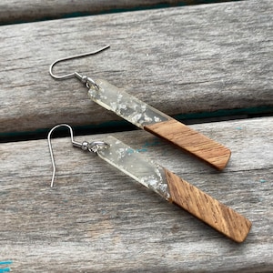 SALE- Long Wood and Clear with Silver-Flecks Acrylic Earrings