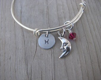Moon Charm Bangle Bracelet: Hand-Stamped Initial, Adjustable Stainless Steel