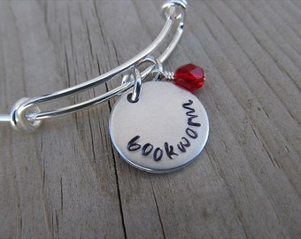 Bookworm Inspiration Bangle Bracelet- "bookworm" with an accent bead of your choice - Adjustable Bangle Bracelet