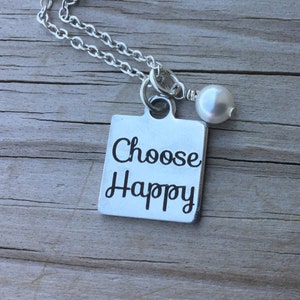 Happy Quote Necklace- &quot;Choose Happy&quot; laser etched charm with an accent bead of your choice