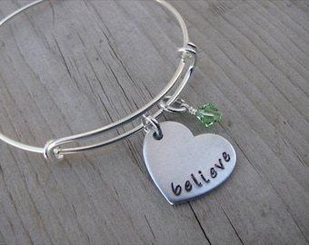 Believe Bracelet- Heart- Hand-stamped to say, "believe " with an accent bead in your choice of colors