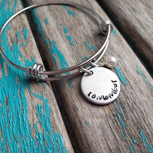 Remember Inspiration Bracelet- Hand-Stamped &quot;remember&quot; Bracelet with an accent bead in your choice of colors- Hand-Stamped Jewelry
