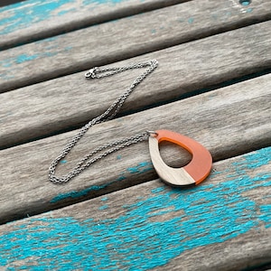 Wood and Orange Open Teardrop Pendant Necklace