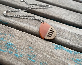 Wood and Orange Teardrop Pendant Necklace with Engraved Line Detailing