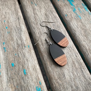 Teardrop Wood and Black Earrings- Larger Style