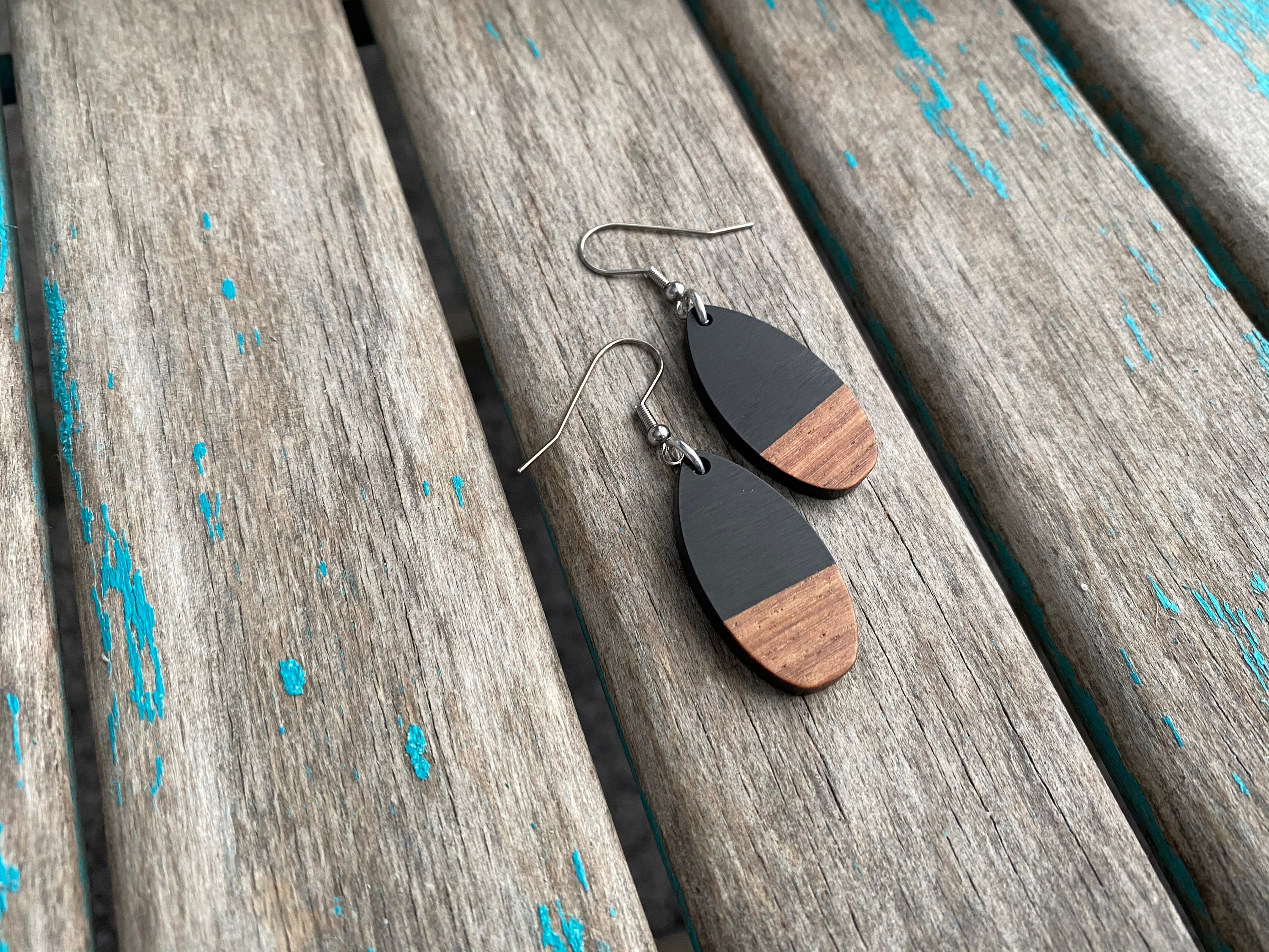 SALE- Teardrop Wood and Black Earrings- Larger Styl