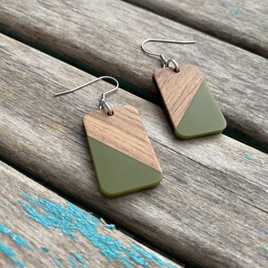 Rectangle Wood and Green Acrylic Earrings