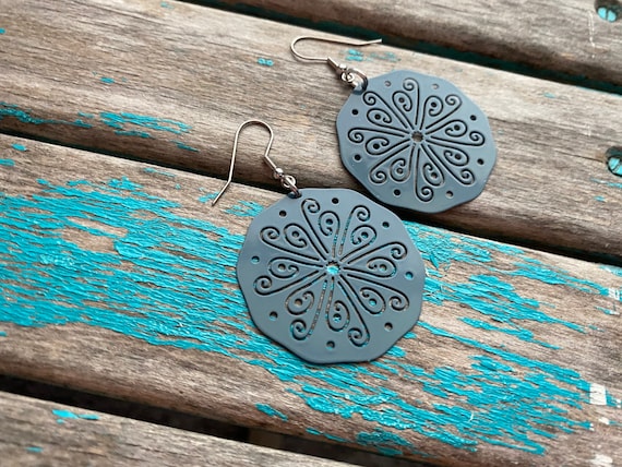 Slate Blue Earrings Detailed Scrolled Round Unique and