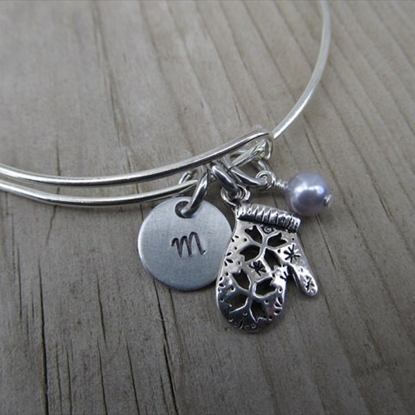 Mitten Bracelet- Adjustable Bracelet with Initial, Mitten Charm, and accent bead of your choice