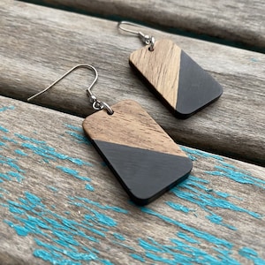 Rectangle Wood and Black Acrylic Earrings