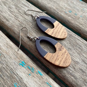 Open Oval Go-Go Wood and Deep Blue Earrings