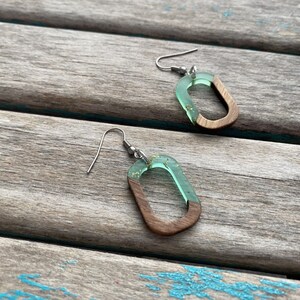 Open Rounded-Rectangle Earrings- Wood and Mint Green with Gold Flecks Acrylic Earrings