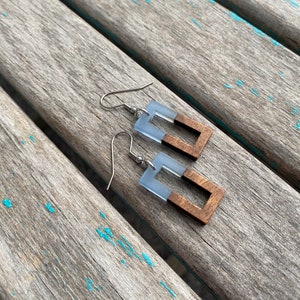 Wood and Blue Rectangle Acrylic Earrings