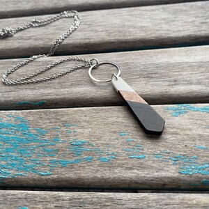 Wood & Resin Statement Necklace: Black, White, and Stainless Steel Chain