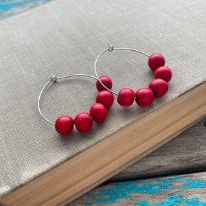 Red Wood Hoop Earrings: Stainless Steel, Modern Style