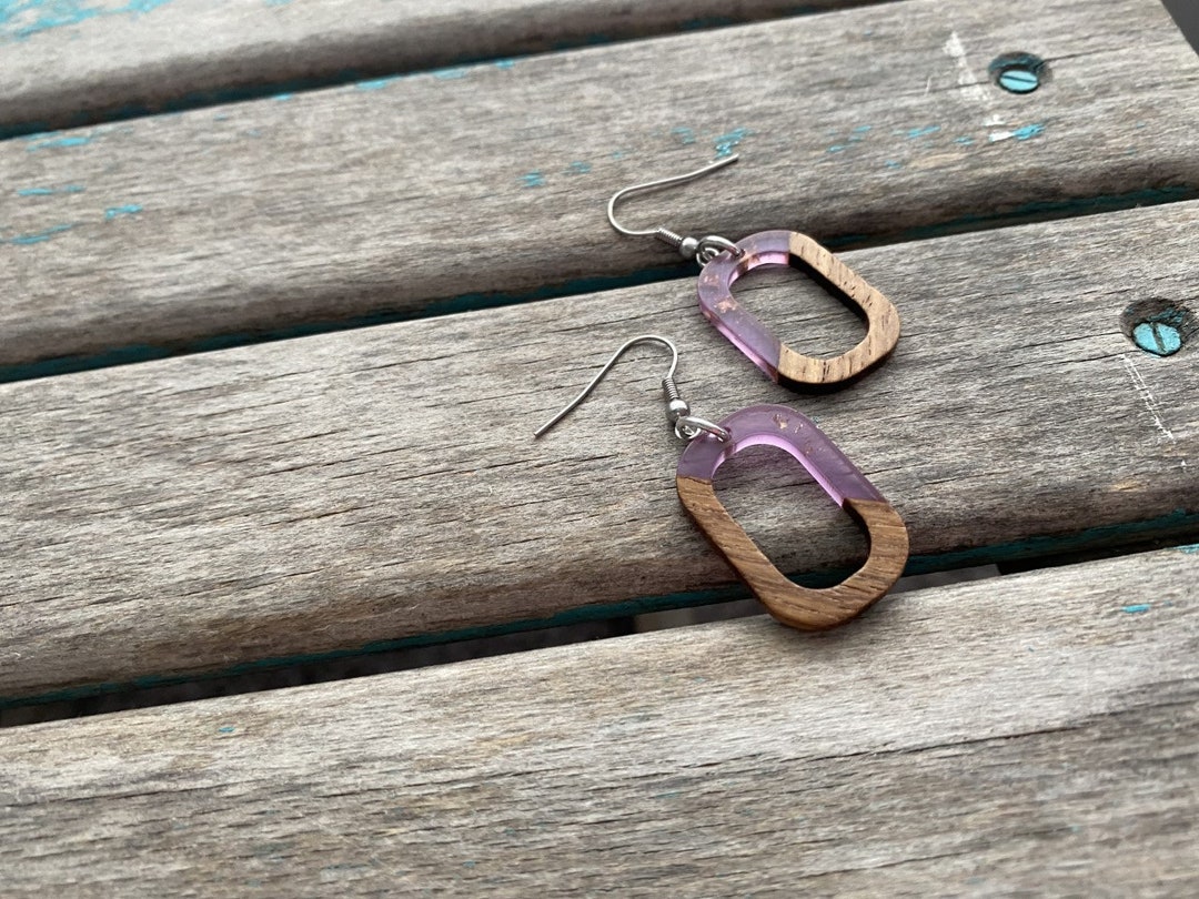 Rectangular Rounded Earrings Open Rounded-rectangle Earrings- Wood and Purple With Gold Flecks ...