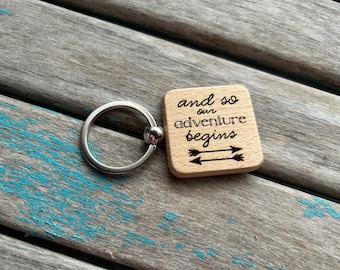 Adventure Begins Wood-Burned Keychain: Travel Roadtrip Gift