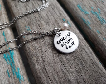 Courage Necklace- "courage over fear" with an accent bead in your choice of colors- Hand-Stamped Necklace
