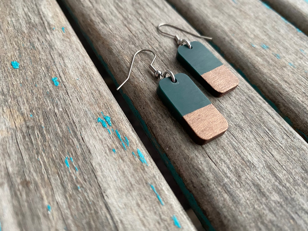Rectangular Rounded Earrings Wood and Green Rounded-rectangle Shaped Earrings - Etsy