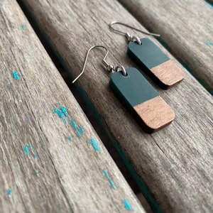 Wood and Green Rounded-Rectangle Shaped Earrings
