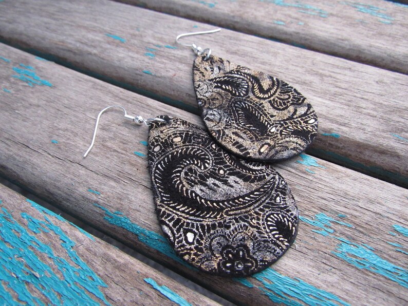 Leather Earrings Metallic Paisley Black Leather Teardrop Earrings