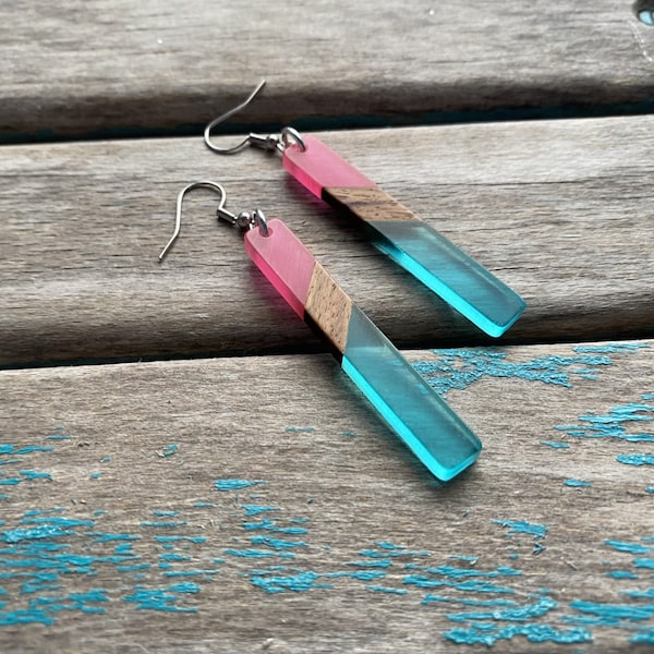 Long Wood, Turquoise Blue, and Pink Acrylic Earrings