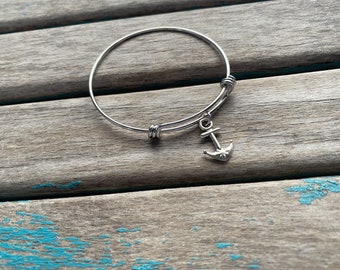 SALE- Anchor Bangle Bracelet- Adjustable Charm Bracelet