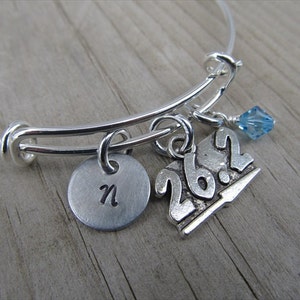 Marathon Bangle Bracelet- Adjustable Bangle Bracelet with Hand-Stamped Initial, 26.2 Charm, and accent bead