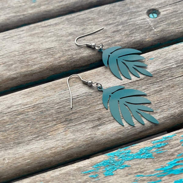 Dark Teal, Leaf-Shaped Earrings - Trendy Earrings - Unique, and Lightweight Earrings