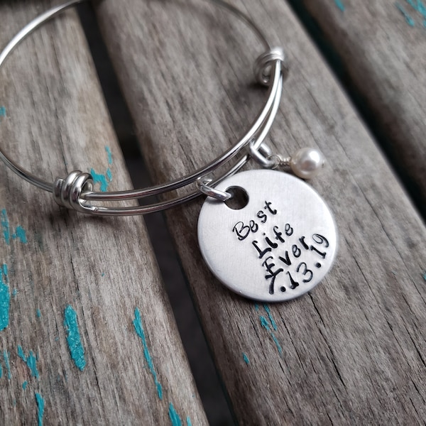 Best Life Ever Bracelet- Hand-Stamped "Best Life Ever (baptism date)" Bracelet with an accent bead in your choice of colors