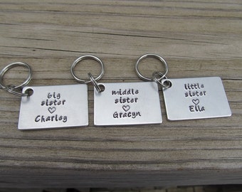 Personalized Sisters Keychains- 3 Keychain Set- "big sister", "middle sister", "little sister" -each with a heart and a name of your choice