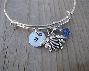 Bee Bangle Bracelet- Adjustable Bangle Bracelet with Hand-Stamped Initial, Bee Charm, and accent bead in your choice of colors