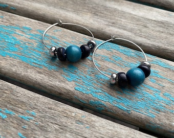 Teal Wood Hoop Earrings: Modern Stainless Steel Earrings