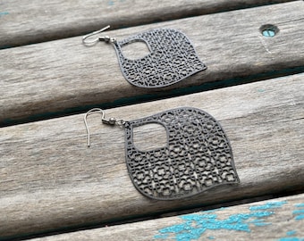 Black Earrings - Wide Detailed Teardrop- Unique, and Lightweight Earrings