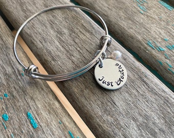 Just Breathe Bracelet: Hand-Stamped Stainless Steel Bangle with Accent Bead
