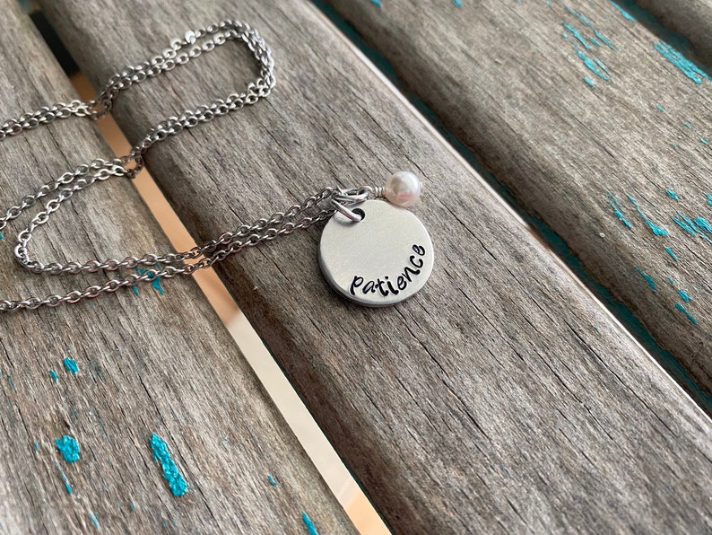 Patience Inspiration Necklace Hand-Stamped patience with an accent bead in your choice of colors Hand-Stamped Jewelry image 1