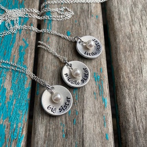 Sisters Necklaces- 3 Necklace Set- &quot;big sister&quot;, &quot;middle sister&quot;, &quot;little sister&quot; domed pendants- with bead-set of 3 necklaces