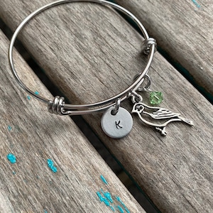 Bird Bangle Bracelet: Hand-Stamped Initial Charm, Accent Bead