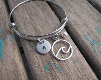 Wave Bangle Bracelet: Hand-Stamped Initial, Ocean Charm, Accent Bead