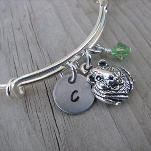 Guinea Pig Bangle Bracelet- Adjustable Bangle Bracelet with Hand-Stamped Initial, Guinea Pig Charm, and accent bead in your choice of colors