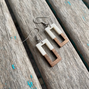 Wood and White Rectangle Acrylic Earrings